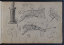 'Studies of a face, a winged man, a man being dragged along the ground, and a charioteer; spears, a woman and child, and a pedestal', St Petersburg Sketchbook, p. 1, The Hunterian