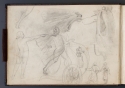 View a larger version of this image 'Studies of a cloaked man pointing at a charioteer, and two robed figures', St Petersburg Sketchbook, p. 4, The Hunterian