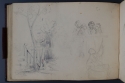 View a larger version of this image 'A tree and broken fence; a group of figures by a balcony', St Petersburg Sketchbook, p. 44, The Hunterian
