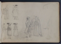 View a larger version of this image 'Studies of costume, women with baskets, and a milkmaid; "The Wreckers" ', inscr. 'The Wreckers', St Petersburg Sketchbook, p. 47, The Hunterian