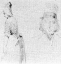 A Woman in a tall bonnet and a man in a top hat