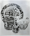 
                Plate, Bowl with a cover surmounted by a cup-shaped knob, Globular-shaped Bottle with long neck, and Eight-sided Bowl, whereabouts unknown