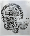 
                Plate, Bowl with a cover surmounted by a cup-shaped knob, Globular-shaped Bottle with long neck, and Eight-sided Bowl, Whereabouts unknown