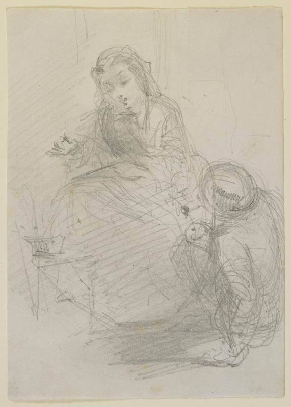 Seated seamstress with male companion