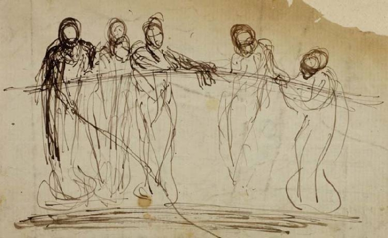 r.: Draped figures on a bridge; v.: Figures on a balcony