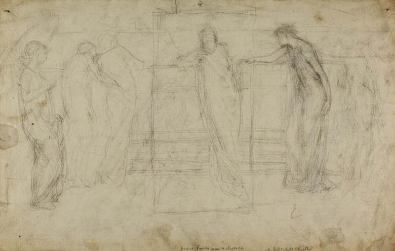 r.: A composition - draped figures on a terrace; v.: Studies for 'Variations in Blue and Green'