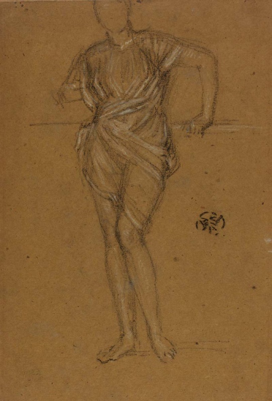 A woman with her robe gathered up, leaning on a rail