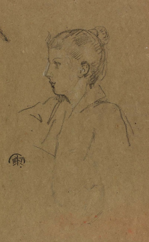 r.: Elizabeth Dawson in profile; v.: A nude leaning against a rail