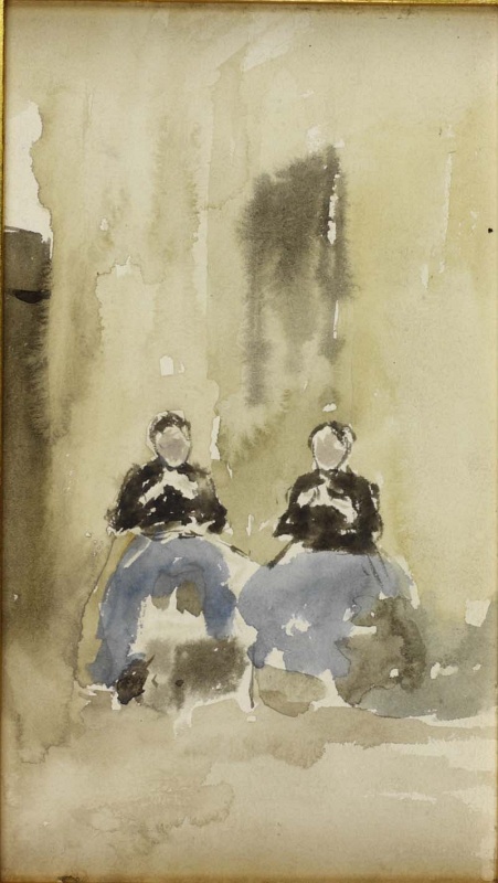 Two breton women knitting