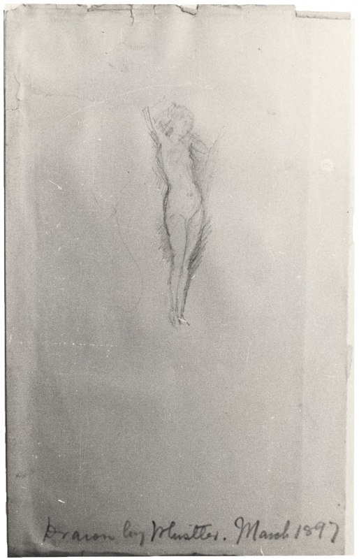 Nude figure standing, holding a veil