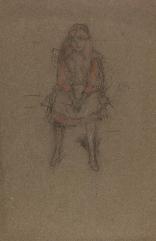 A girl seated wearing a pinafore